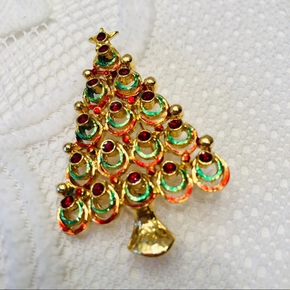 Christmas Brooch Bundle FIVE Gold Red Green Bell Tree Holiday Pins